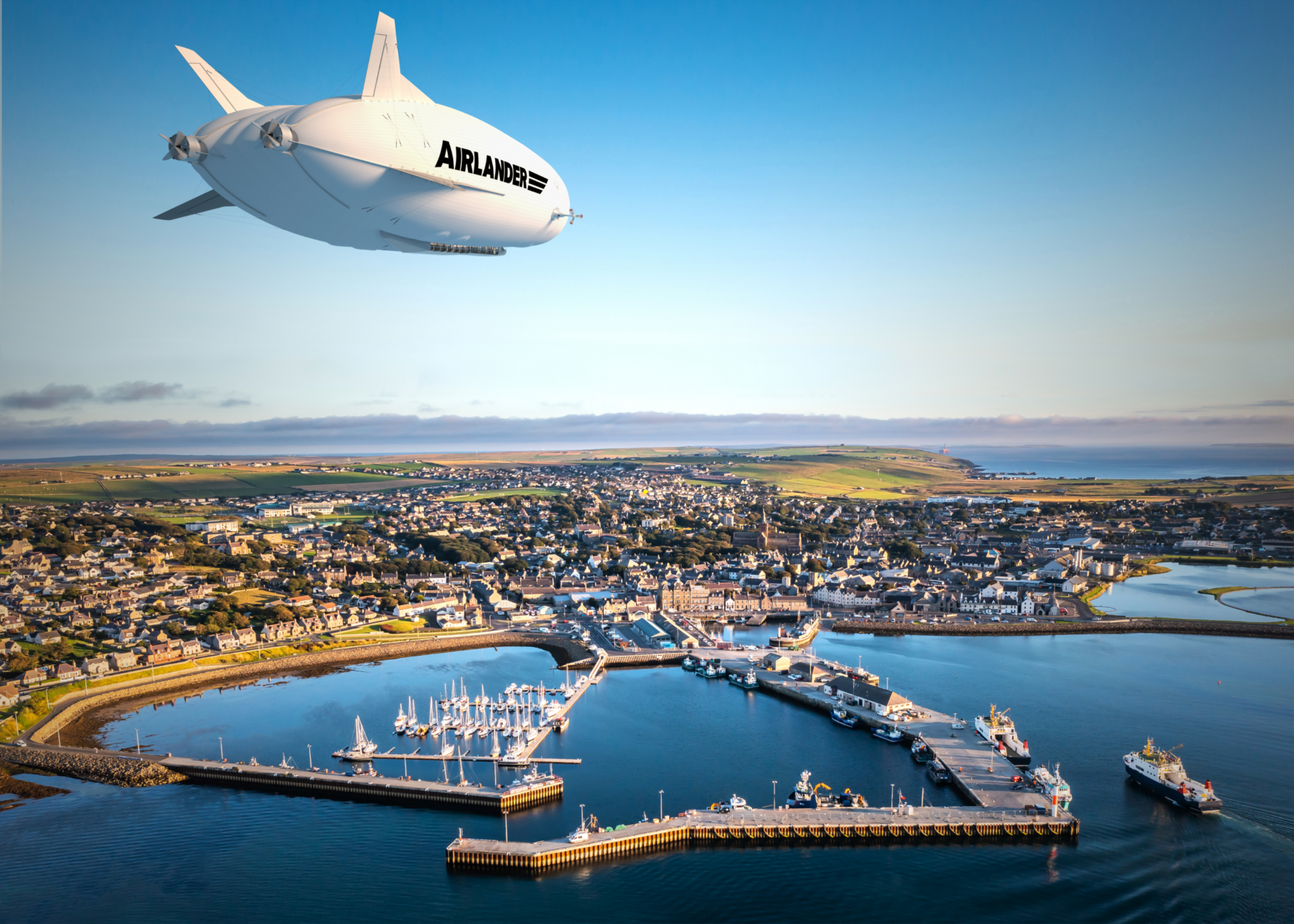 Image of an example of the Airlander plane over Scotland