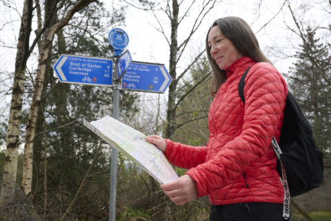 Person looking at a map with a signpost in the background