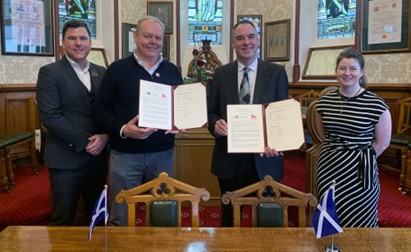 : (Right to left) Windracers Project Manager Scotland Lukas Princ, Windracers CEO Simon Muderack, HITRANS Partnership Director Ranald Robertson and HITRANS Sustainable Aviation Development Manager Dawn Gillies