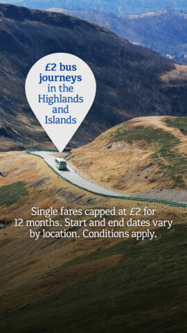 Image of a bus in the Highlands and text that explains the £2 bus fare cap scheme