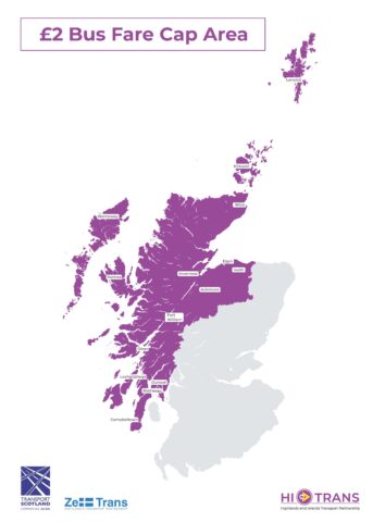 Map of Scotland showing the location of £2 Bus pilot area of operation